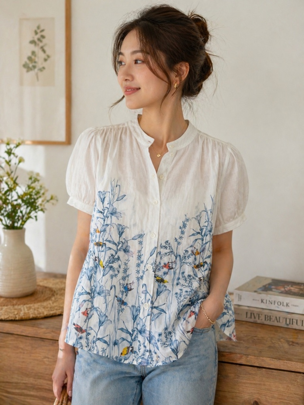 Banana Republic White Floral Printed Short-Sleeve Button Front Blouse sz M used